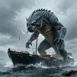 the mythological kelpie attacking trade ships, 4 k uhd, monster, rainy, maritime,