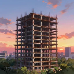 a beautiful detailed anime illustration of unfinished building entrie industrial architecture by alejandro aravena, magic realism tokyo sunset nature, archdaily, wallpaper, highly detailed, trending on artstation.