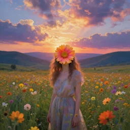 girl with an blooming flower face, surreal photography, dream, standing in flower field, magical, in a valley, sunrise dramatic light, impressionist painting, colorful clouds, artstation, simon stalenhag, flower face