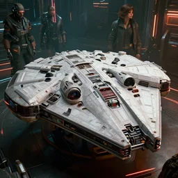 ( cyberpunk 2 0 7 7, bladerunner 2 0 4 9 ) in focus detailed background, a highly detailed futuristic biomechanical thick smooth millennium falcon, 8 k, photographic, octane render, photorealistic, render by stephen martiniere, brian sum and annie leibowitz, the movie by ridley scott