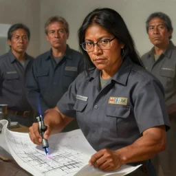 epic portrait of one slightly muscular indigenous woman wearing short sleeved instructor uniform using laser - pointer on construction plan blueprint, glasses, detailed, digital painting, artstation, concept art, donato giancola, joseph christian leyendecker, wlop, boris vallejo, breathtaking, 8 k resolution, extremely detailed beautiful, establishing shot, artistic hyperrealistic, beautiful face octane render