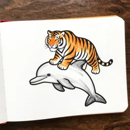 tiger riding a dolphin black and whit colouring book page