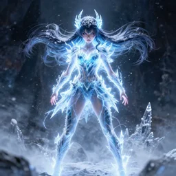 photorealistic full body shot of masterpiece angry darkness anime girl, beautifull lovely eyes, posing, electric aura with particles, snowing frozen ice, darkness background, inspired by masami kurumada, detailed, unreal engine 4 k, volumetric light, fog
