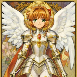 lain iwakura, card captor sakura, female anime character, realistic detailed painting of a 1 6 - year old girl who resembles millie bobby brown, as an angel with a golden halo wearing intricate, detailed art nouveau armor and silk, by alphonse mucha, ayami kojima amano, charlie bowater, karol bak, greg hildebrandt
