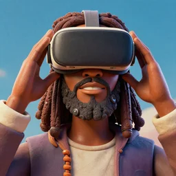 stylish 3 d vfx - drew struzan movie poster - art of an african jesus wearing vr goggles, art style by james jean & hsiao - ron cheng, unreal engine render, digital illustration, sharp, intricate detail, volumetric lighting, ray tracing, soft light, colourful, claymation style, symmetry, acrylic on canvas, pinterest, artstation, behance