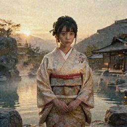 environmental portrait of a princess at a japanese mountain onsen at golden hour, post-apocalyptic scenario, Concept art by Jorge jacinto, masterpiece, highly detailed and ultra realistic, trending on artstation