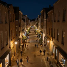 high quality photograph of one city street at night, photo taken at eye height, extremely wide angle, nightlife, people walking, 4 k professional photograph, nice place to live, midrise buildings, narrow streets, soft warm street lamps, small windows, cozy, trending on artstation, detailed, beautiful, photograph, realistic
