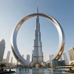 a giant ring surrounds burj khalifa 5 5 0 meters above ground in stunning new concept design in a scenic environment by artgerm, tom bagshaw and hildebrandt, trending on artstation, concept art, sharp focus, illustration