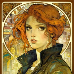cyberpunk woman in a city, high detail, curious eyes, blended shading, in the style of alphonse mucha and andree wallin and ruan jia and ross tran, artstation, half body face portrait