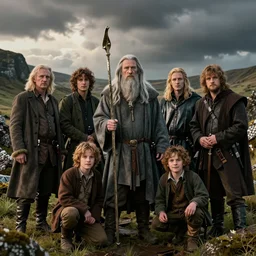 gandalf and gimli and aragorn and boromir and legolas and samwise gamgi and frodo baggins and merri and pippin, in the style of wes anderson
