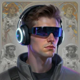 future cyberpunk coder man looking on, sleek cyclops display over eyes and sleek bright headphoneset, neon accent lights, holographic colors, desaturated headshot portrait digital painting by dean cornwall, rhads, john berkey, tom whalen, alex grey, alphonse mucha, donoto giancola, astronaut electric