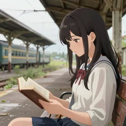 a beautiful girl sitting on a bench reading at an abandoned overgrown train station, old train station, establishing shot, close up shot, digital anime visual render. wlop, rossdraws, detailed anime illustration, detailed stylized portrait, details, detailed artwork, 1 0 5 mm f / 2. 8 @ 1 0 5 mm, iso 1 0 0, 1 / 8 0 0, f