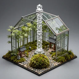 4K, Japanese glass house, crystal column, dry landscape, moss ball, Japanese shrine, night forest, temple fair, greenhouse, moss, bamboo, cobblestone, detail, elves house, isometric view, miniature model, photorealistic photo, two points perspective, 45 degree perspective, symmetrical