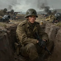beautiful digital painting of a lone survivor, one soldier after his squad killed in action in a trench waiting for the war to end. cinematic lighting and rendering, atmospheric, concept art, high detailed faces, artstation by artgerm and greg rutkowski,,