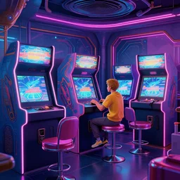 80s futuristic cyberpunk arcade:: by beeple and James Gilleard and Justin Gerard :: ornate, dynamic, particulate, intricate, elegant, highly detailed, centered, artstation, smooth, sharp focus, octane render, 3d