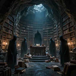 Wraiths haunt a vast library in a cavern, fantasy, wide shot, trending on artstation