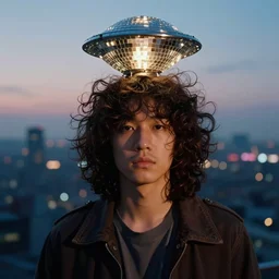 a pretty disco rock young Asian man with messy very long curly dark brown hair under the ufo soft top light, twilight city on the background, by Lubezki, 80mm focal length, anamorphic 80mm lens, city twilight landscape, cinematic, Kodachrome film