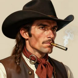 smoking gun : : wild west, duel, illustration, closeup, portrait, cowboy