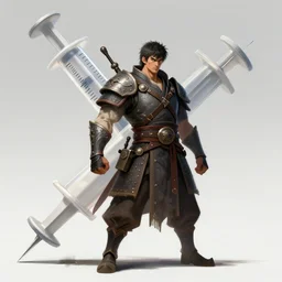 a warrior that looks like a giant syringe needle, digital art, character portrait