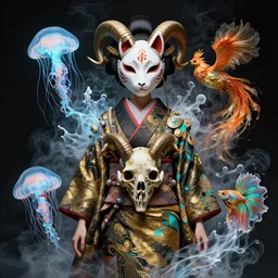 3 d goddess medium shot portrait with smoke biomechanics with ram skull. beautiful intricately detailed japanese crow kitsune mask and classical japanese kimono. betta fish, jellyfish phoenix, bio luminescent, plasma, ice, water, wind, creature, artwork by tooth wu and wlop and beeple and greg rutkowski. gold and black and teal and orange color scheme