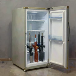 refrigerator used as a gun chest, highly detailed, post - apocalyptic, oil painting,