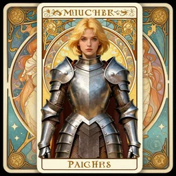young paladin woman, short blonde hair, plate chest armour, symmetrical portrait RPG avatar, tarot card design, by Mucha, intricate, 8k,
