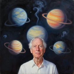 alan watts on lsd, oil painting, space, planets, smoke, dreamy