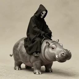 a vintage photograph of the Grim Reaper riding a tiny hippo