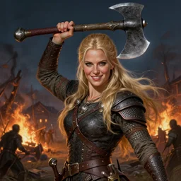 an ultradetailed portrait of a beautiful and tough looking blonde viking woman holding a battleaxe above her head, d & d, fantasy, intricate, elegant, highly sharp focus, illustration, digital painting, smiling playfully, burning village in the background, night time raid, 8 k, artstation, fine detail, art by frank frazetta, john collier, albert aublet, krenz cushart, artem demura, and alphonse mucha
