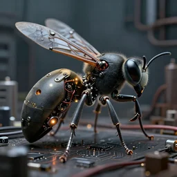 intricate wasp, biopunk cyborg wasp, matte textured plastic shell, hinge pins, titanium, wires, jointed, glowing LEDs, cables, antennae, circuitry, chips, capacitors, dramatic lighting, highly detailed by artgerm, Tomasz Alen Kopera, Peter Mohrbacher, WLOP, macro photo styled, background urban industrial, octane engine render 8k HDR