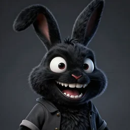 A extremely highly detailed majestic hi-res beautiful, highly detailed head and shoulders portrait of a scary terrifying, horrifying, creepy goofy black cartoon rabbit with scary big eyes, earing a shirt laughing, hey buddy, let's be friends, in the style of Walt Disney