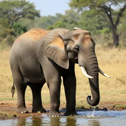an elephant drinks from a red bull