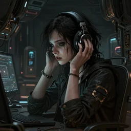 a epic cinematic shot of of a emo woman who is listening to all kinds of music with headphones on in a dark liminal technology space room, gritty tech, deep focus, fantasy, intricate, elegant, highly detailed, digital painting, artstation, concept art, matte, sharp focus, illustration, dark fantasy style art, resident evil, art by artgerm and greg rutkowski and alphonse mucha