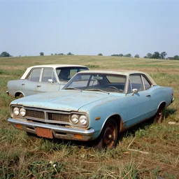 A photograph of a (((((rusty, worn out, broken down, beater))))) Powder Blue Dodge Aspen (1976) in a farm field, photo taken in 1989