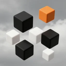 black, white and orange cubes floating over a cloudy background