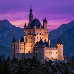 art of a castle illuminated by a colorful purple sky, tall mountains surround the castle, beautiful, trending on artstation