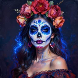 a beautiful oil painting hyperrealism of a beautiful woman, flowers, dia de los muertos makeup, floral headdress, 8 k resolution, octane render, trending on artstation, by gediminas pranckevicius, volumetric light 2 blue fractal thunder glow by dan mumford, anaglyph effect, laurie lipton