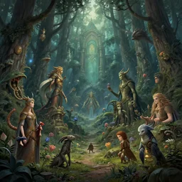An enchanted forest with fantastic beings, fantasy art, in the style of greg rutkowski, illustration, epic, fantasy, intricate, hyper detailed, artstation, concept art, smooth, sharp focus, ray tracing