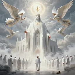 heaven, holy, people, oman, gothic, white, perfect 4 k, smokey, ole thomas style, giovanni paolo panini style epic, volumetric, symmetrical, extremely detailed, environment, insanely detailed, style of charlie bowater, kelly mckernan, flying angels, concept art