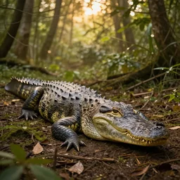werecreature consisting of a alligator and a human,! werealligator, golden hour, photograph captured in a forest