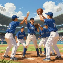 the scene of young baseball players winning in koshien stadium, blue sky and white clouds, amazing, thighs, the feeling of summer, intricate, highly detailed, digital painting, artstation, concept art, sharp focus, illustration, art by greg rutkowski and alphonse mucha