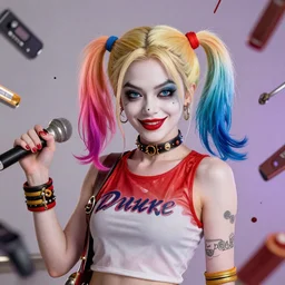 Harley Quinn but she's a beautiful ape with long pony tails on either side of her head, mucha, mayhem, illustration, by James Jean, artgerm, octane render, by John Coltrane and Marc Simonetti, Manic, inspired by Greg rutkowski, colorful, studio lighting, blender,