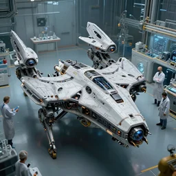 scientists creating an artificial alien highly detailed futuristic biomechanical thick quad wing combat spaceship constuction in a laboratory, 4 k : : architecture, product design, automotive design : :, subsurface scattering, photorealistic, art by stephen martiniere, artem demura and beeple,