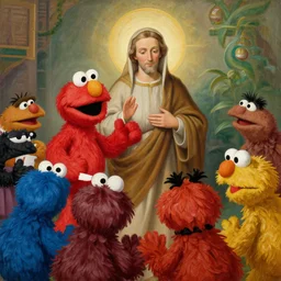 A religous painting of Elmo from Sesame Street talking to his followers who are muppets, painted by Michelangelo.
