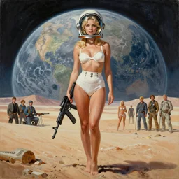 a mixed media painting of a beautiful blonde woman with an m - 1 6 on a desert planet, elegant, aesthetic!!! symmetrical face and eyes, piercing gaze, sixties pinup, photorealistic, curvy, model, 6 0's glass helmet and futuristic high waisted white bikini, epic sci - fi character art, full length, by frank frazetta, donato giancola, boris vallejo, beeple, greg rutkowski, christian macnevin, high fantasy, prometheus, cgsociety, exquisite detail, post - processing, masterpiece, cinematic