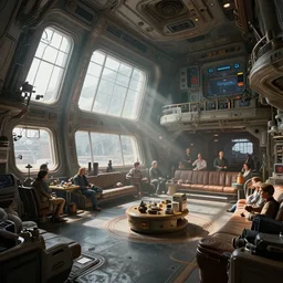 highly detailed interior of a retro spaceship with large windows, stephen bliss, unreal engine, greg rutkowski, ilya kuvshinov, ross draws, hyung tae and frank frazetta, tom bagshaw, tom whalen, nicoletta ceccoli, mark ryden, earl norem, global illumination, god rays, detailed and intricate environment