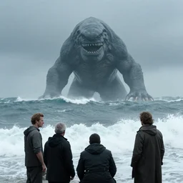 stormy sea, breaking waves, giant monster lurking, film still, cinematic composition, by jeremy lipking, joseph todorovitch, john collier, ettore tito