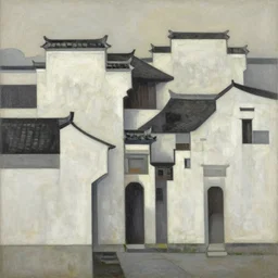 a painting of abstract buildings like hongcun ancient village houses by james jean and nicolas party