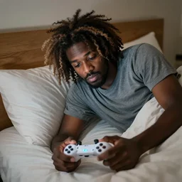 lanky black stoner with bad haircut, sulking in bed playing a video game