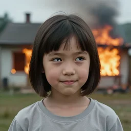 a very young girl in the foreground with short straight hair gives a sideways glance and a smirk at the camera. in the background, slightly out of focus, we see a burning house. high resolution photograph